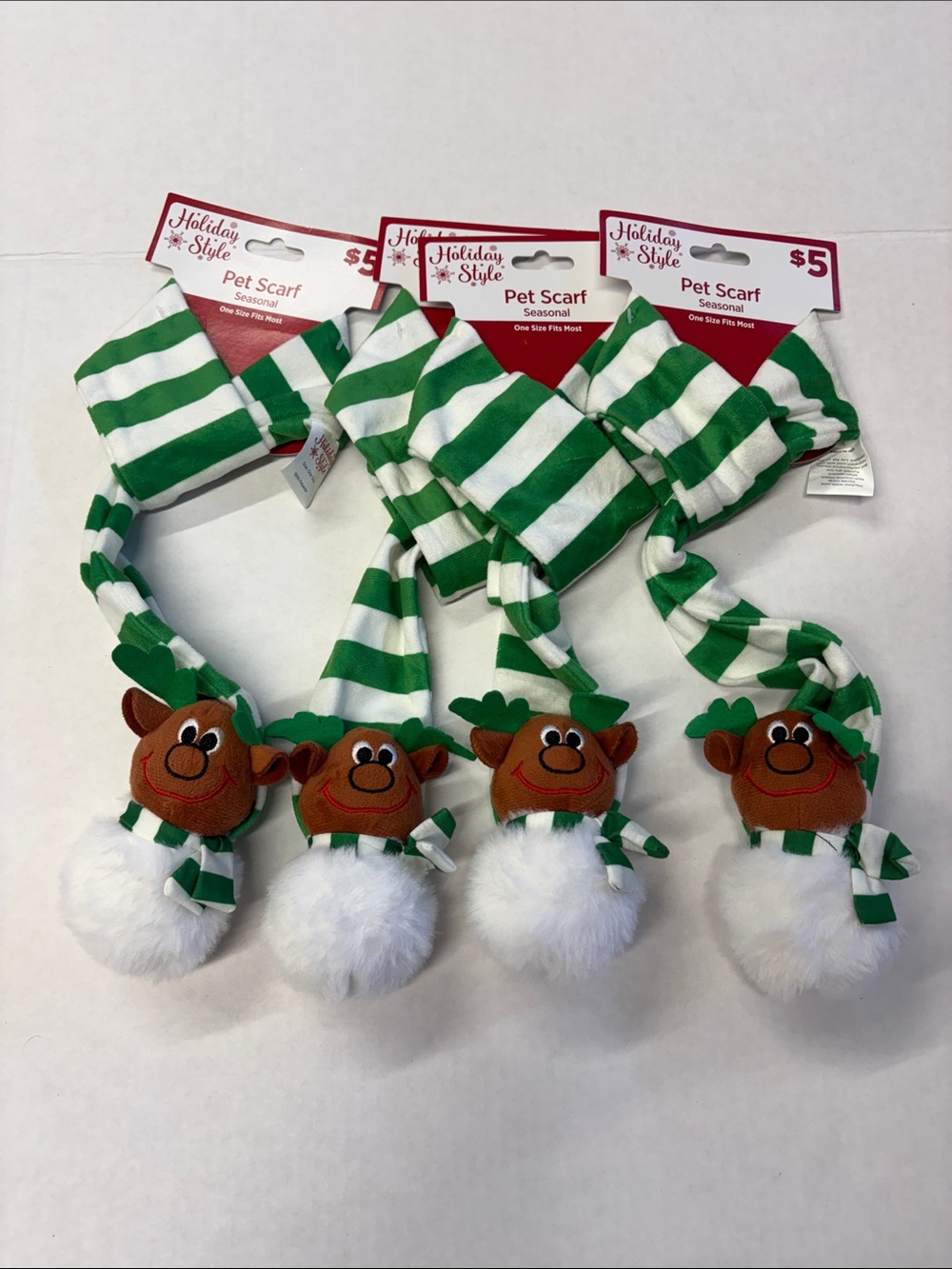 Holiday Style Pet Scarf Green & White Striped Reindeer - lot of 4